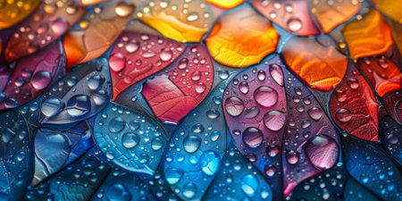 Close-up of brightly colored leaves covered with water droplets, showcasing vibrant hues and details.の素材