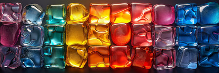 An aesthetically pleasing display of colorful translucent ice cubes arranged in a stylish gradient patternの素材