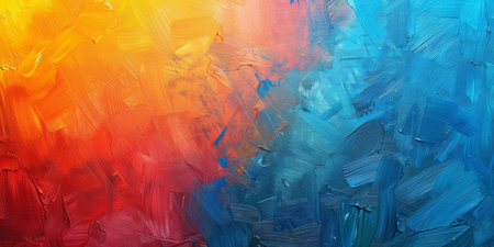 A vibrant abstract painting with colorful brushstrokes, blending bright blue, pink, yellow, and...