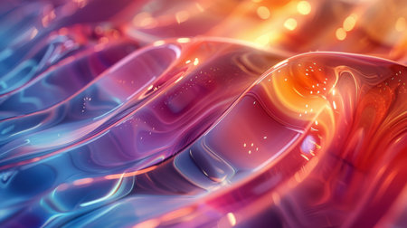 A vibrant multicolored gradient wave texture with reflective surfaces, creating an abstract and...