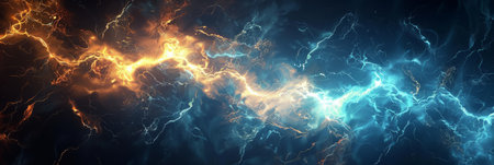 Abstract art with electric energy clashes in fiery and icy lightning, creating vibrant visual experienceの素材