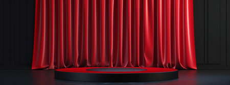 Elegant stage setup featuring a black podium and striking red curtains, perfect for events and presentations.の素材