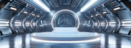 A futuristic podium with metallic elements and illuminated panels, perfect for tech presentations and scifi events. Its advanced design and futuristic aesthetics create an ideal ambianceの素材