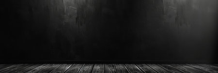 The room is dark with a wooden floor and black wall, illuminated by spotlights in a modern and minimalistic styleの素材