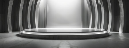 Minimalistic futuristic stage interior with illuminated podium and architectural design in grayscaleの素材
