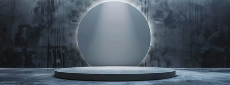 The metallic stage showcases a contemporary and simple design featuring concentric circles and halo lighting, creating a futuristic and stylish appearance ideal for various events and presentationsの素材