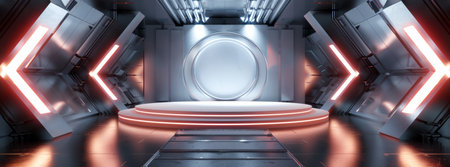 A futuristic podium with metallic elements and illuminated panels, perfect for tech presentations and scifi events. Its advanced design and futuristic aesthetics create an ideal ambianceの素材