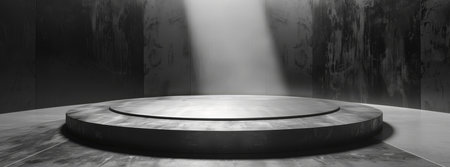 The sleek and minimalist podium in a modern concrete room is perfect for presentations and exhibitions with its circular spotlight illumination, creating an artistic and contemporary ambianceの素材
