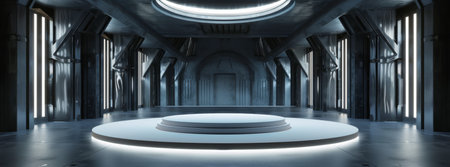 A futuristic podium with metallic elements and illuminated panels, perfect for tech presentations and scifi events. Its advanced design and futuristic aesthetics create an ideal ambianceの素材