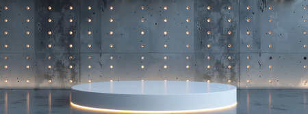 A modern podium featuring LED lights is set against a backdrop of trendy perforated metal, creating a chic and futuristic ambiance that blends contemporary design with industrial elementsの素材