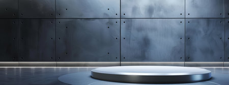 An industrial background featuring a metallic wall with rivets and a raised circular podium in the center, ideal for showcasing products or presentations with a modern, tech-focused aesthetic.の素材