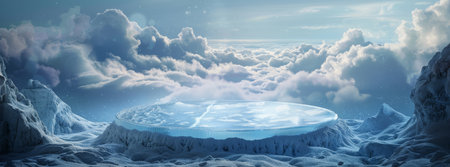 An aweinspiring ice platform hovers above the mountains under a clear sky, creating a serene and celestial atmosphere, offering a stunning view of alpine beauty. The scene is truly breathtakingの素材