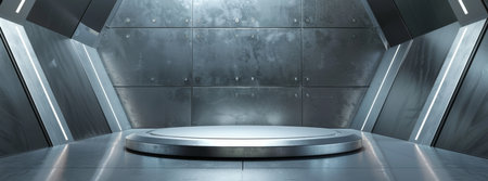 In a futuristic interior, an illuminated podium shines in the sleek design with hightech elements. The minimalist style and dramatic lighting enhance the modern and clean look of the spaceの素材