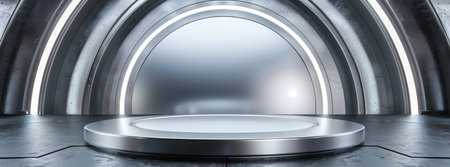 Imagine a contemporary environment with a polished podium highlighted by soft lighting, ideal for featuring stateoftheart technology or futuristic products with a touch of science fictionの素材