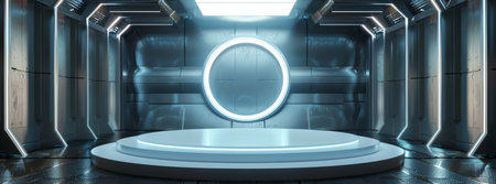 A futuristic podium with metallic elements and illuminated panels, perfect for tech presentations and scifi events. Its advanced design and futuristic aesthetics create an ideal ambianceの素材