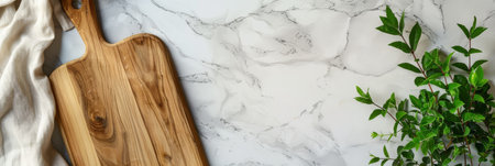 A minimalist kitchen with marble countertop, wooden cutting board, and natural elements for an elegant aestheticの素材