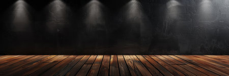 The stage design features a wooden floor, modern spotlights, and dark backdrop, creating a minimalist look ideal for art exhibitions or conferences, emphasizing sleekness and versatilityの素材