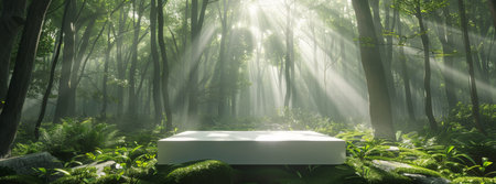 Picture a tranquil forest with sunlight filtering through green canopy, illuminating a sleek podium in lush foliage. A peaceful and enchanting scene in natures pristine wildernessの素材