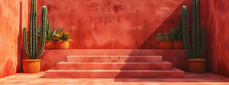 Desert-themed terrace with vibrant red walls, cacti, and plants in terracotta pots under sunset lighting.の素材