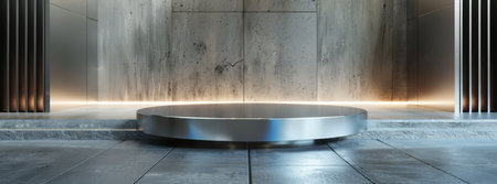 Imagine a contemporary environment with a polished podium highlighted by soft lighting, ideal for featuring stateoftheart technology or futuristic products with a touch of science fictionの素材