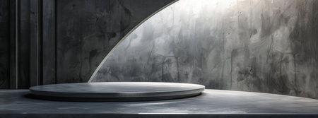 The sleek and minimalist podium in a modern concrete room is perfect for presentations and exhibitions with its circular spotlight illumination, creating an artistic and contemporary ambianceの素材