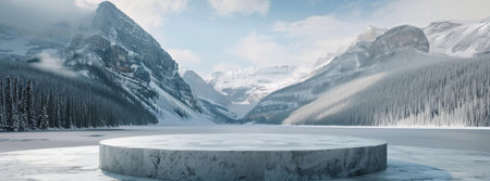 Picture a tranquil winter scene with a circular platform among snowcapped peaks and a frozen lake, under clear skies. Surroundings appear pristine and isolated in this dreamy, snowy backdropの素材