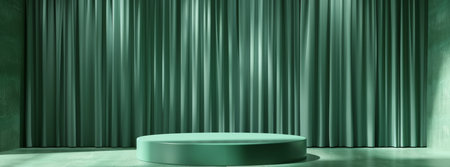The circular podium, surrounded by luxurious emerald curtains, provides a sophisticated venue for events, showcasing artistic arrangements and stylish backdrops to create a graceful settingの素材