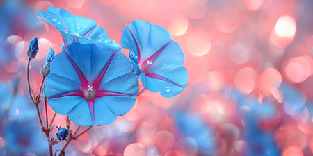 Close-up of vibrant morning glory flowers against a dreamy bokeh background. Great for nature and floral themes.の素材