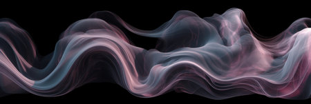 Delicate pink and gray smoke waves sway elegantly on a dark background, creating an artistic and ethereal sceneの素材