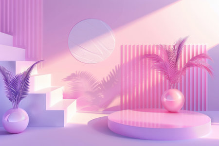 Vibrant pastel-colored abstract setting with geometric shapes and tropical plant. Ideal for stylish designs.の素材