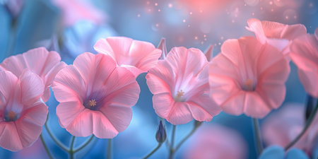 Close-up of vibrant morning glory flowers against a dreamy bokeh background. Great for nature and floral themes.の素材