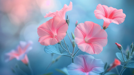 Close-up of vibrant morning glory flowers against a dreamy bokeh background. Great for nature and floral themes.の素材