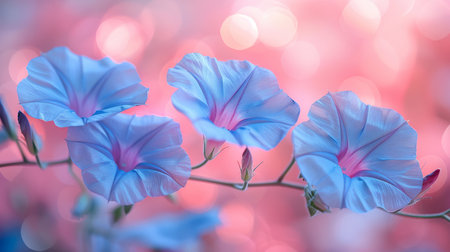 Close-up of vibrant morning glory flowers against a dreamy bokeh background. Great for nature and floral themes.の素材
