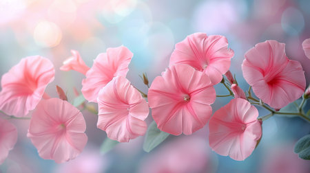 Pink morning glory blooms in sunlight with dreamy bokeh, bringing tranquility and beauty to the gardenの素材