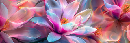 The floral background is vibrant and multicolored, with surreal petals in vivid hues, creating a beautiful designの素材