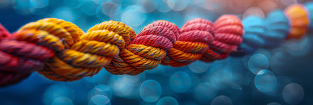 A close-up of a multicolored braided rope featuring gradient shades of blue, pink, orange, and yellow.の素材