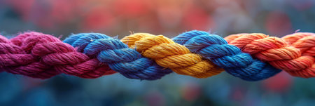 A close-up of a multicolored braided rope featuring gradient shades of blue, pink, orange, and yellow.の素材