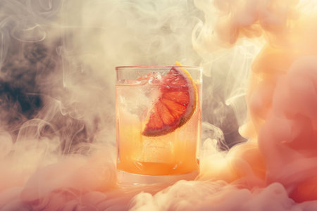 A classic cocktail adorned with a blood orange slice, captured in a smoky, retro ambiance. The drink epitomizes vintage elegance, perfect for nostalgic moments and refined tastes.の素材