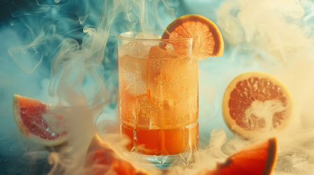 A vibrant grapefruit cocktail in a vintage glass, surrounded by slices of grapefruit and swirling smoke, creating a nostalgic and lively atmosphere, evoking a sense of luxury and timeless eleganceの素材