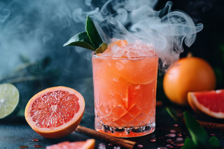 Vibrant pink cocktail with grapefruit garnish, surrounded by fresh citrus fruit, emits a refreshing summer vibeの素材