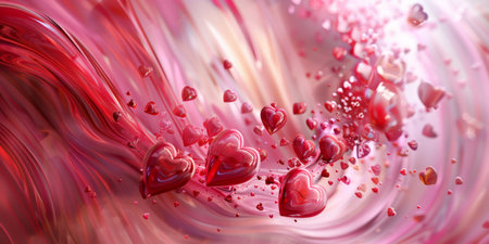 A colorful, swirling painting featuring pink hearts and flowing patterns, perfect for romantic themes.の素材