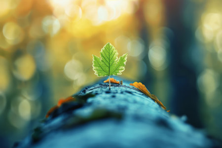 In the forest during autumn, a single green leaf springs from a log, set against a beautiful bokeh backgroundの素材