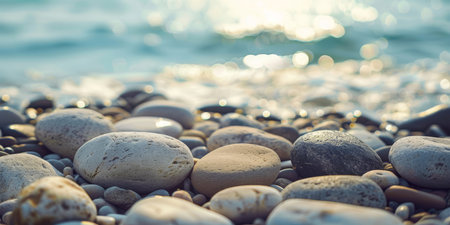 Serene seashore scene with sunlit pebbles and calm waves at sunrise, captured with a focus on texture and tranquility.の素材