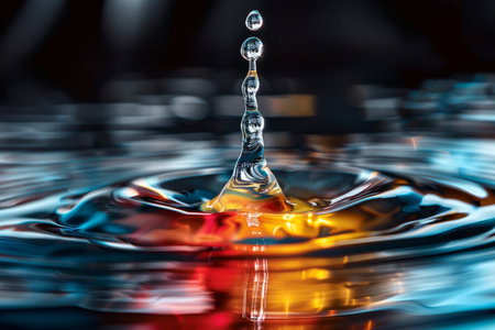 A water drop splashes with vibrant, multicolored reflections and smooth wave ripples, creating a beautiful sceneの素材