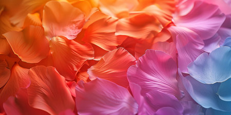 Abstract image featuring colorful flower petals in a gradient of vibrant hues for creative backgrounds.の素材