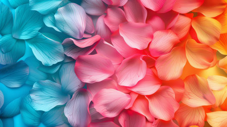 Vibrant background with blue, pink, and orange flower petals creates an artistic and ethereal atmosphereの素材