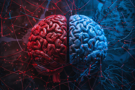 A vivid illustration of a brain divided into red and blue hemispheres, with intricate neural connectionsの素材