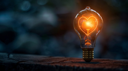 Heart-shaped filament glowing in a light bulb against a blurred backdrop, symbolizing love and ideas.の写真素材