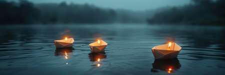 Three paper lanterns gracefully glide across the water at twilight, inducing a tranquil and...