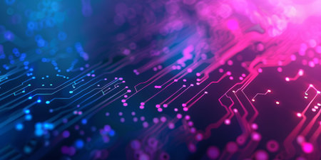 Colorful futuristic circuit board background with neon lights, representing technology and...